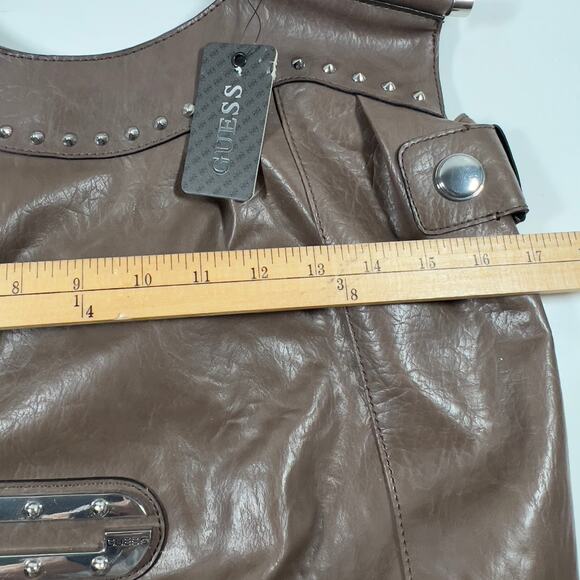 Guess Taupe Brown Large Hobo Metal Studded Distressed Leather Tote Vintage Y2K - Picture 12 of 16
